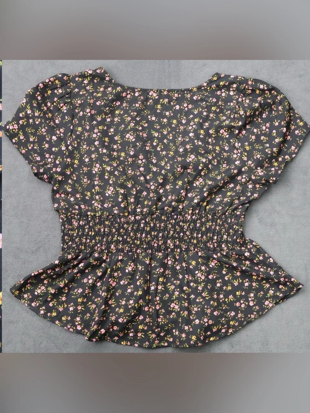 Button-Front Floral Peplum Blouse - Black with Pink & Yellow Flowers